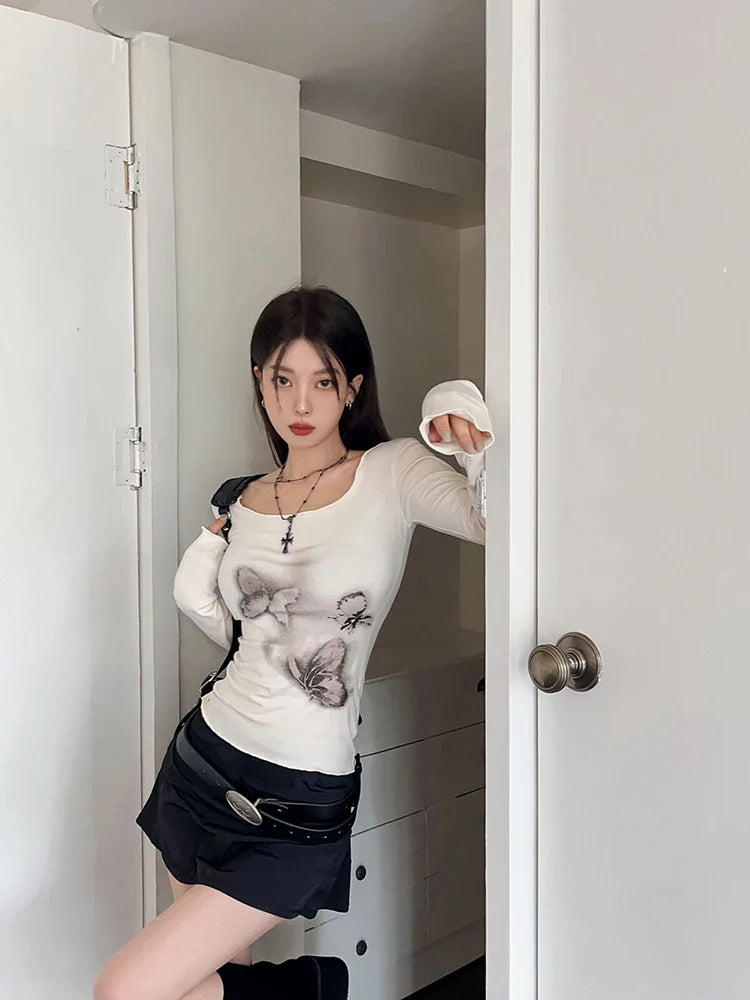 Tonngirls Vintage Graphic Aesthetic T Shirts Women See Through Crop Tops Skinny Streetwear Y2k Tshirts Tie Dye Grunge Tops 2000s