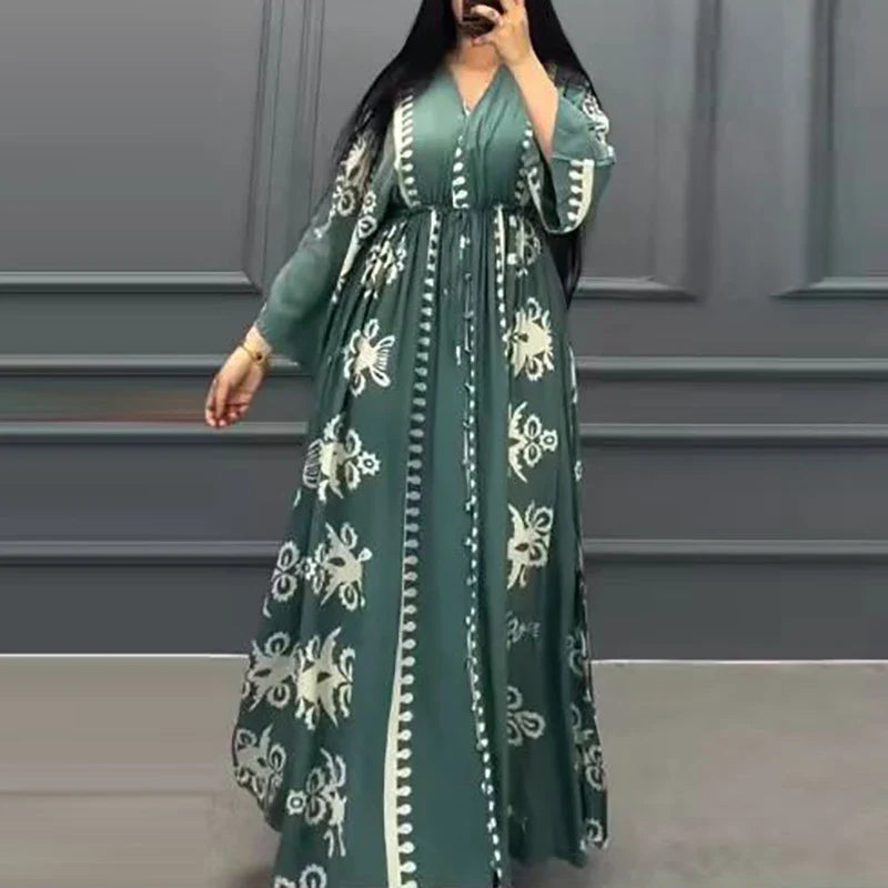 qgtao Ethnic Retro Print Loose Maxi Long Dress Women Spring Sexy V Neck Lace-up Robe Party Dress Autumn 3/4 Sleeve A-Line Boho Dresses