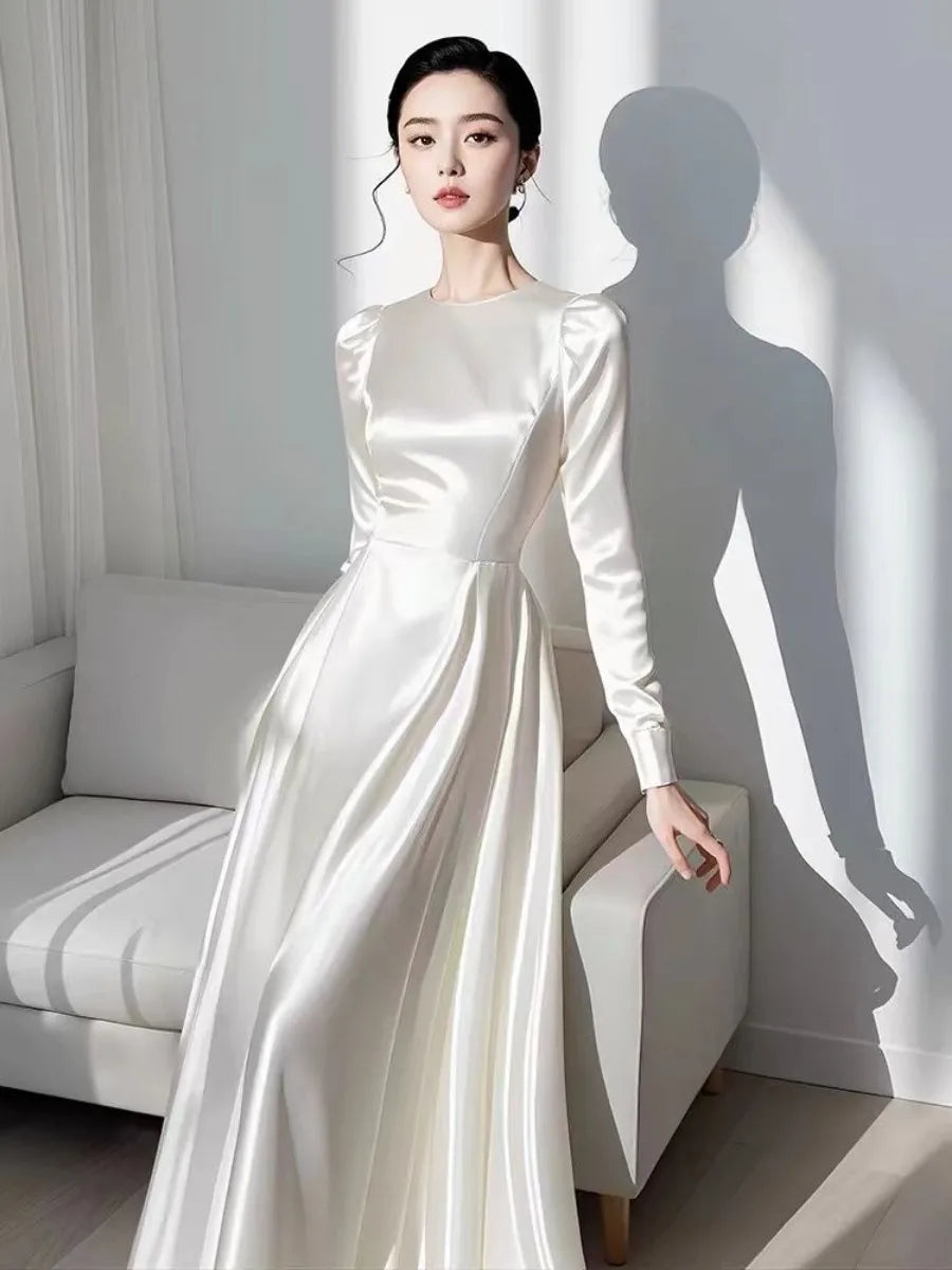 qgtao 2024 Autumn Elegant Satin Women's Long Sleeve Dress Round Neck White French Midi Skirt Women's A-Line Evening dresses N1013-1