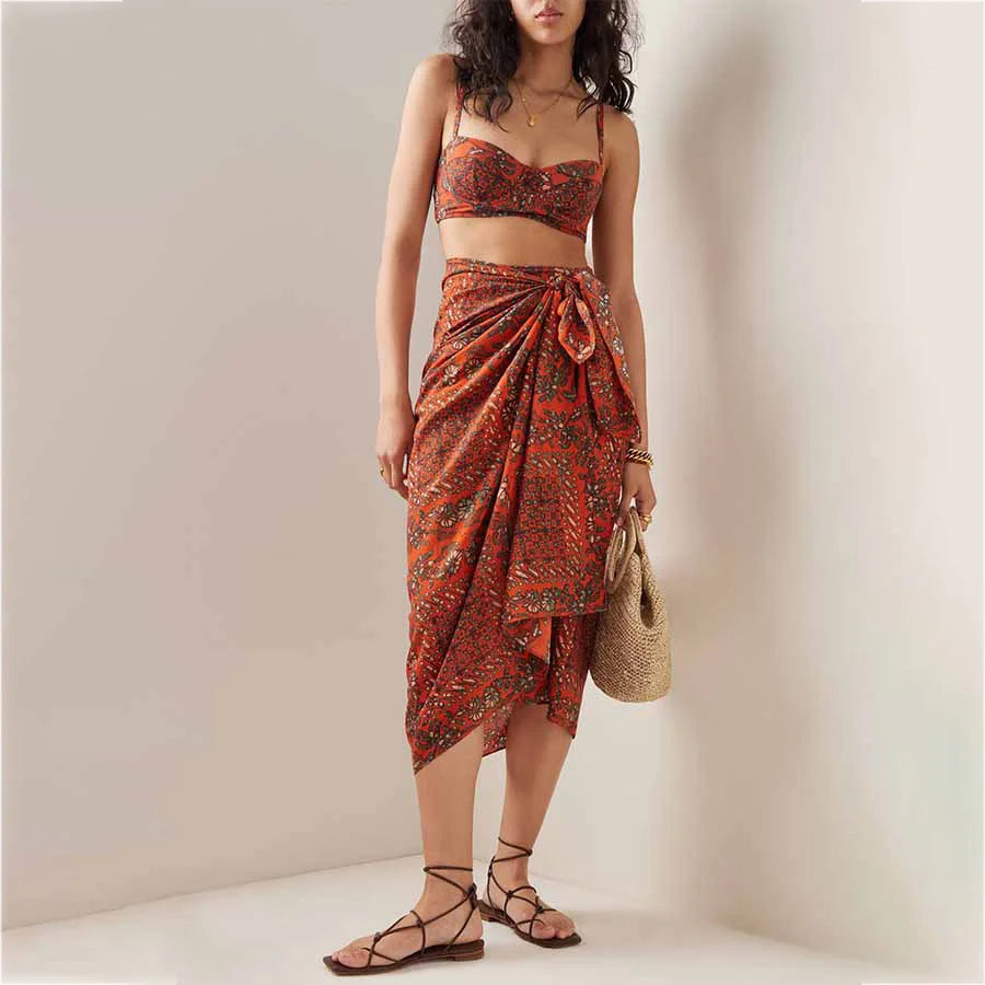 qgtao 2024 Vintage Printed Bikini Set and Cover Up Women Two Piece Swimsuit Brick Red Swimwear Fashion Vacation Bathing Suit Beachwear