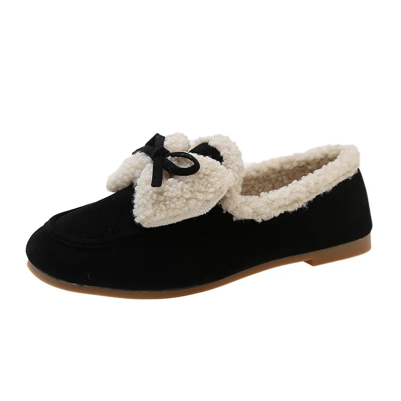 qgtao Bow Fur Women Cotton Shoes Flats Loafers Warm Snow Boots 2024 New Winter Casual Suede Shoes Fashion Short Plush Zapatillas Mujer