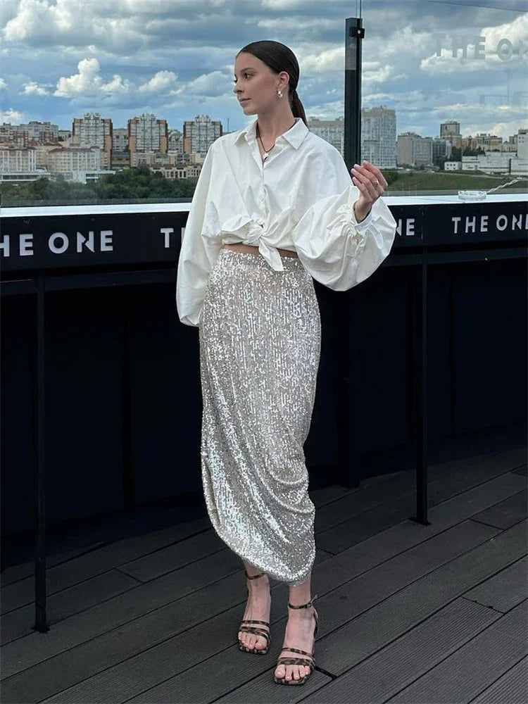 qgtao Sequin Female Sexy Maxi Skirt Summer Fashion Glitter High Waist Loose Elegant Club Long Skirt Sparkle Women Long Skirt New