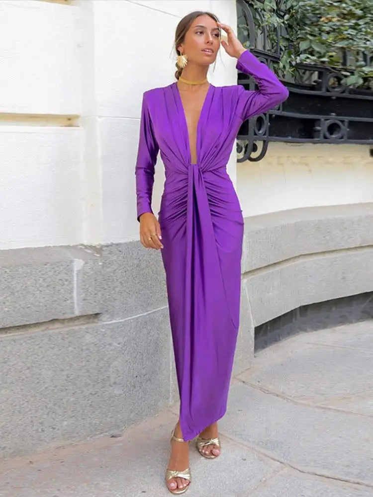 qgtao Sexy Solid Deep V Neck Hollow Out Maxi Dress Elegant Sleeveless Pleated Split Slim Dresses Summer Lady Evening Party Club Robes