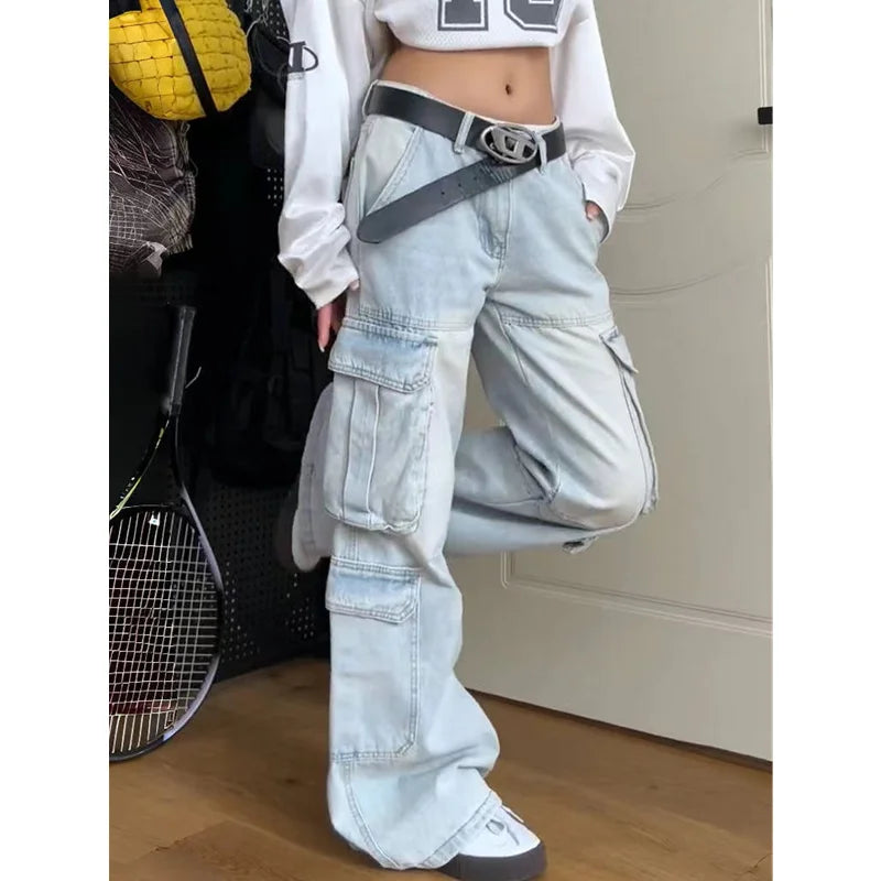 qgtao - Womens Jeans High Waist Baggy Vintage Multiple Pockets Straight Hip Hop Y2K Pants Streetwear American Wide Leg Denim Trouser