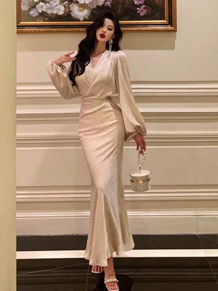 qgtao Elegant Satin Midi Dresses for Women Lantern Sleeve V-neck Lace-up Bodycon Mermaid Evening Party Dress Prom Robe Autumn Vestidos