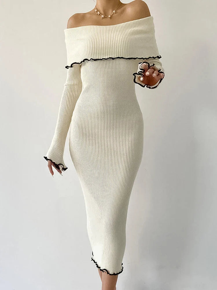 Long Dress Women Elegant Sexy Slim Slash Neck Dress Autumn Fashion Bodycon Midi Dress Lady Casual Contrast Color Party Dress