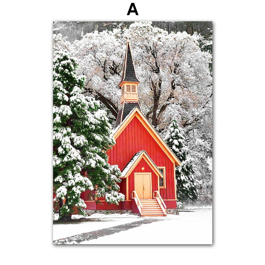 Christmas Red House Squirrel Deer Pine Tree Wall Art Canvas Painting Living Room Decoration Posters Prints Home Wall Pictures