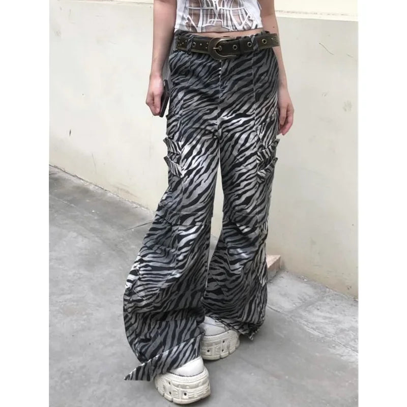 qgtao - 2024 Women's Casual Zebra print Gothic Jeans Vintage Aesthetic Emo Loose Washed Pants Y2K Wide Leg Punk Baggy Denim Trouser