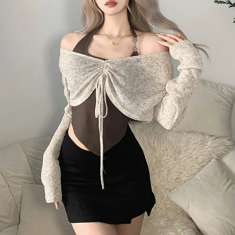 qgtao Sexy T-shirts Women Summer Solid Halter And Transparent Lace Up Two-Piece Top Female Fashion Long Sleeve T-shirt Y2k Street wear
