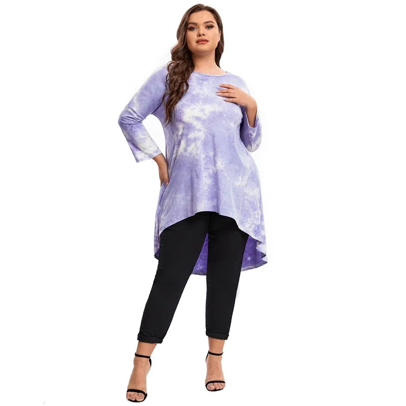 qgtao Plus Size Long Sleeve Elegant Tie Dye Tunic Tops Long Loose Autumn Hi Low Swing Blouse T-shirt Plus Size Clothing Women 6XL 7XL
