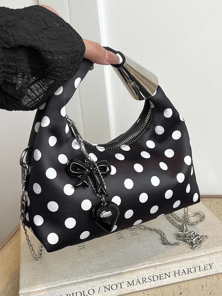 qgtao Women Fashion Round Dot Chain Crossbody Bag Autumn Winter New Bow Decor Handbag Female Nylon Zipper Style Design Shoulder Bag