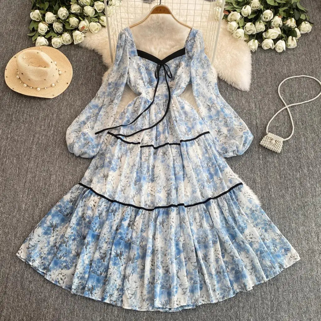 qgtao Elegant Floral Printed Midi Dresses for Women Lantern Sleeves Square Collar A-line Birthday Party Dress Autumn New Prom Robe