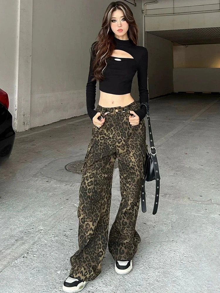 qgtao Leopard Print Pants Women Y2K High Waist Multiple Pockets Vintage Trousers Streetwear Hip Hop Loose Wide Leg Cargo Jeans