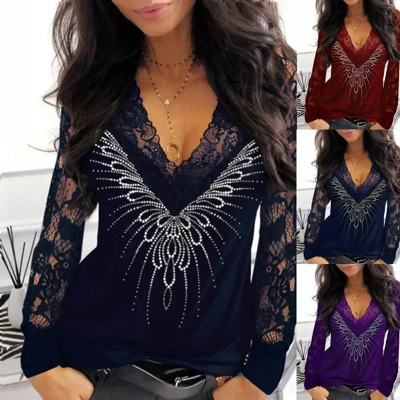 Sexy Black Lace Tops Women See Through Deep V Printing Long Sleeve Lady Oversize 5Xl Large Blouse Autumn Clothes