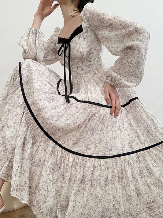 qgtao Elegant Floral Printed Midi Dresses for Women Lantern Sleeves Square Collar A-line Birthday Party Dress Autumn New Prom Robe