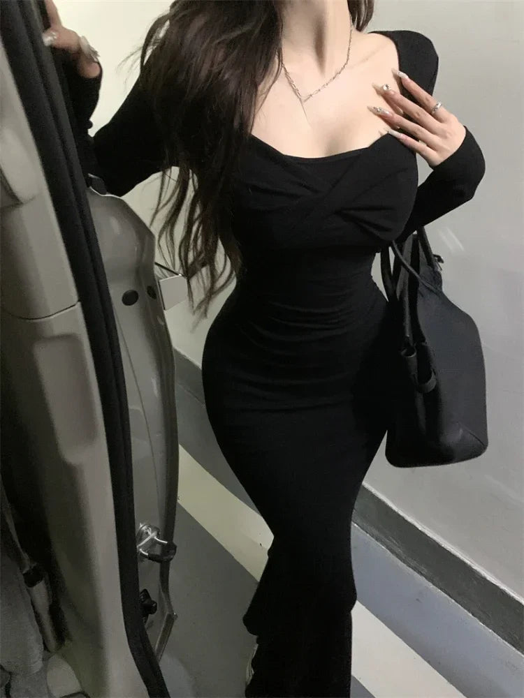 qgtao Bodycon Midi Dresses Women Korean Fashion Sexy Slim Waist Solid Dress Female Even Party Clothing 2024 Spring Elegant Fashion Y2k