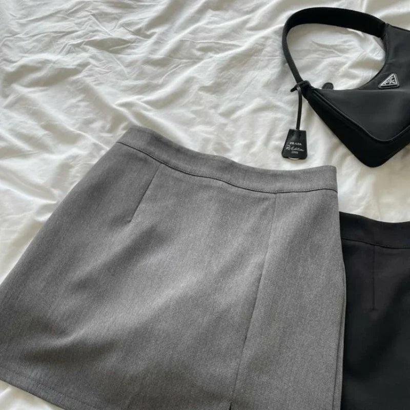 HOUZHOU Grey Mini Skirt Women Summer Vintage Streetwear High Waist A-line Split Gyaru Bodycon Pencil Skirt Korean Style Casual