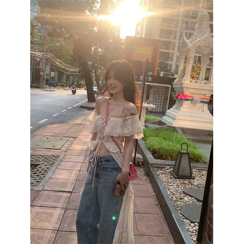 qgtao Sweet Ruffles Dress Women Y2K Slash Neck Bandage Robe Vintage Streetwear Hollow Out Dresses Korean Tunic Maxi Vestidos New