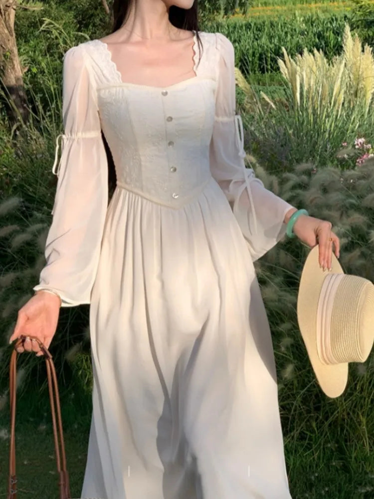 qgtao French Vintage Flare Sleeve Midi Dresses for Women Square Collar A-line Autumn New Casual Solid Party Dress Female Clothing