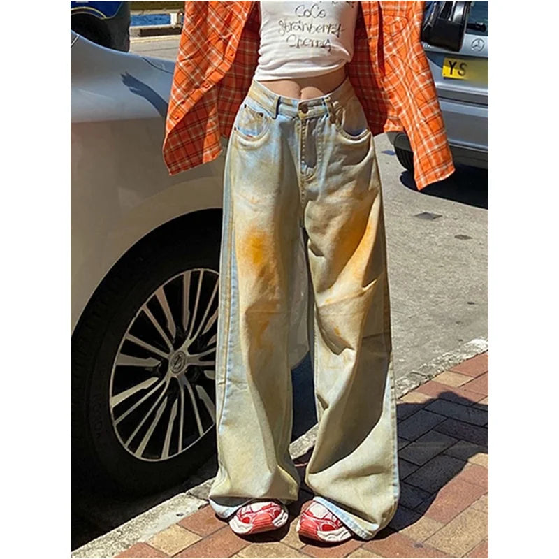 qgtao - Blue Jeans Women Y2K Hip Hop Fashion Vintage High Waisted Cargo Jeans Streetwear Casual Loose Large Size Wide Leg Denim Pants