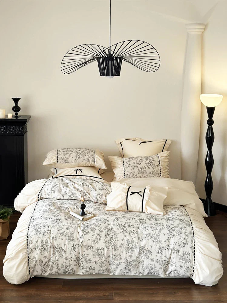 Yeknu Winter 100% Cotton Korean Princess  Bedding Set Thickened Retro French Duvet Cover Sets Flower Bed Skirt  Skin-friendly Fabrics