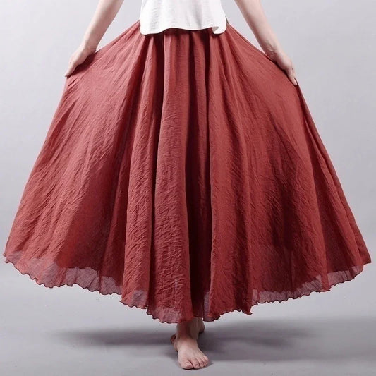 qgtao New 14 Colors A-Line Linen Skirt Ladies Clothing Linen Maxi Skirt Pleated Vintage Boho Maxi Long Casual Beach Skirt Empire