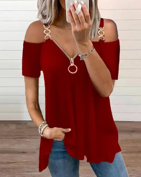 Chain Strap Off Shoulder Designed Top Women Solid Zipper V-Neck Sexy Short Sleeve Female Casual Pullover Loose Clothes