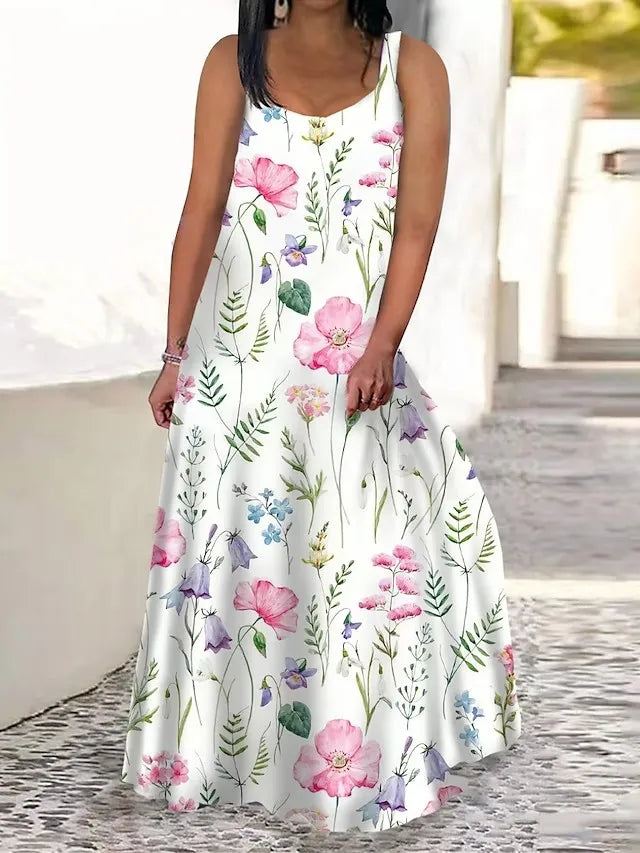 qgtao 2024 Loose Casual Plus Size Long Maxi Dress Beach Sun Dresses Women Sleeveless Summer Fashion Printed Boho Maxi Long Dress
