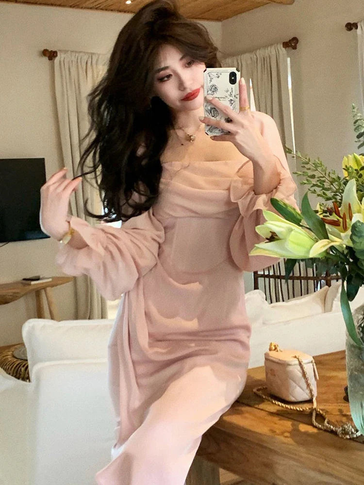 qgtao 2024 Autumn Solid Elegant Fairy Dresses Women Casual Party Fashion Korean One Piece Dress Female Lace Vintage Chic Midi Dresses