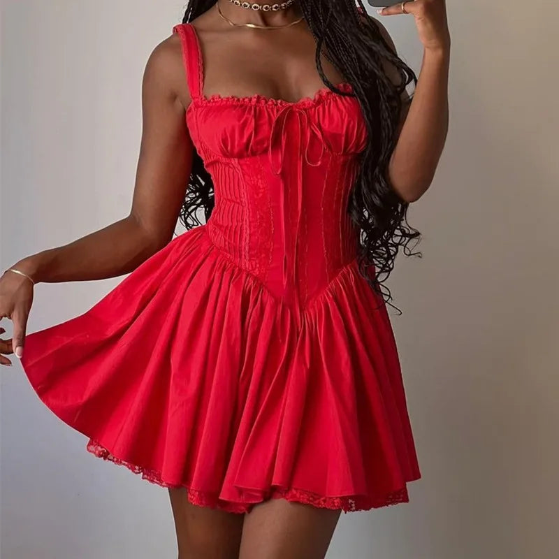 qgtao Sexy Square Neck Corset A Line Mini Dress Cottagecore Red Summer Dresses For Women Holiday Outfits 2024 Y2K Clothing
