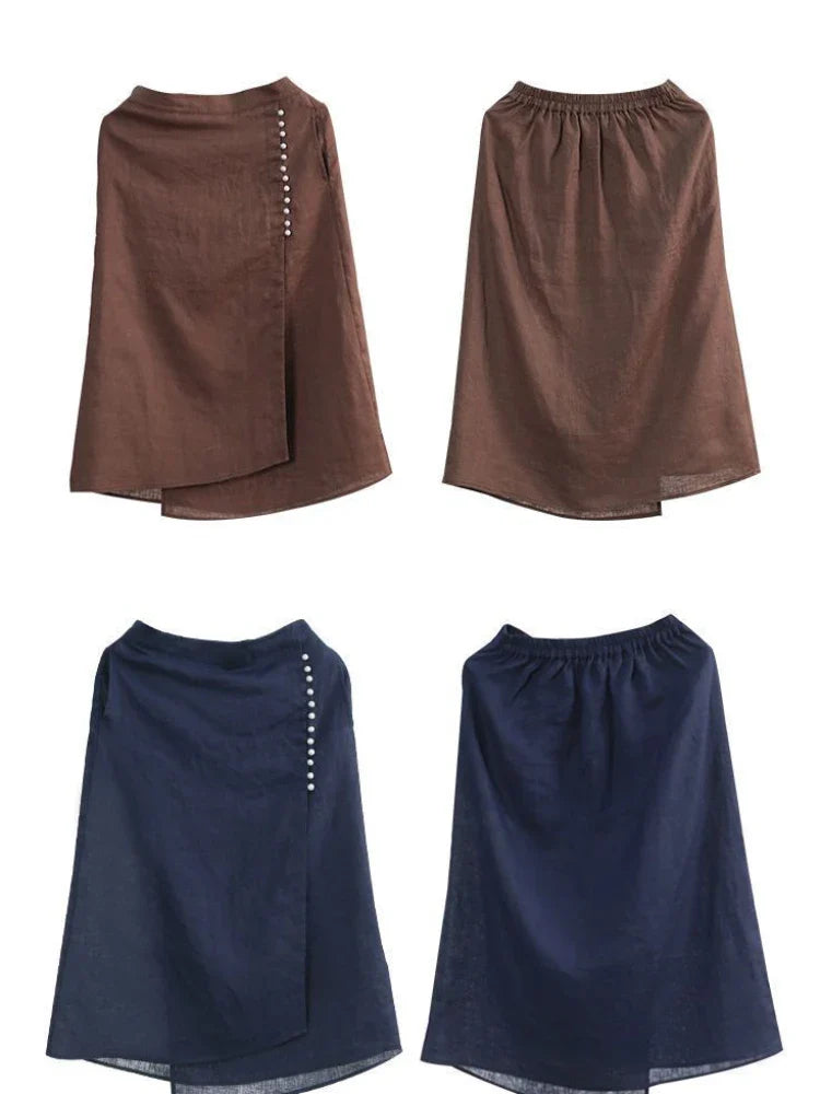 Women's Straight Skirt Spring Summer Cotton Linen A-line Skirt Female Solid Blue White Side Split Vintage Long Skirts Women