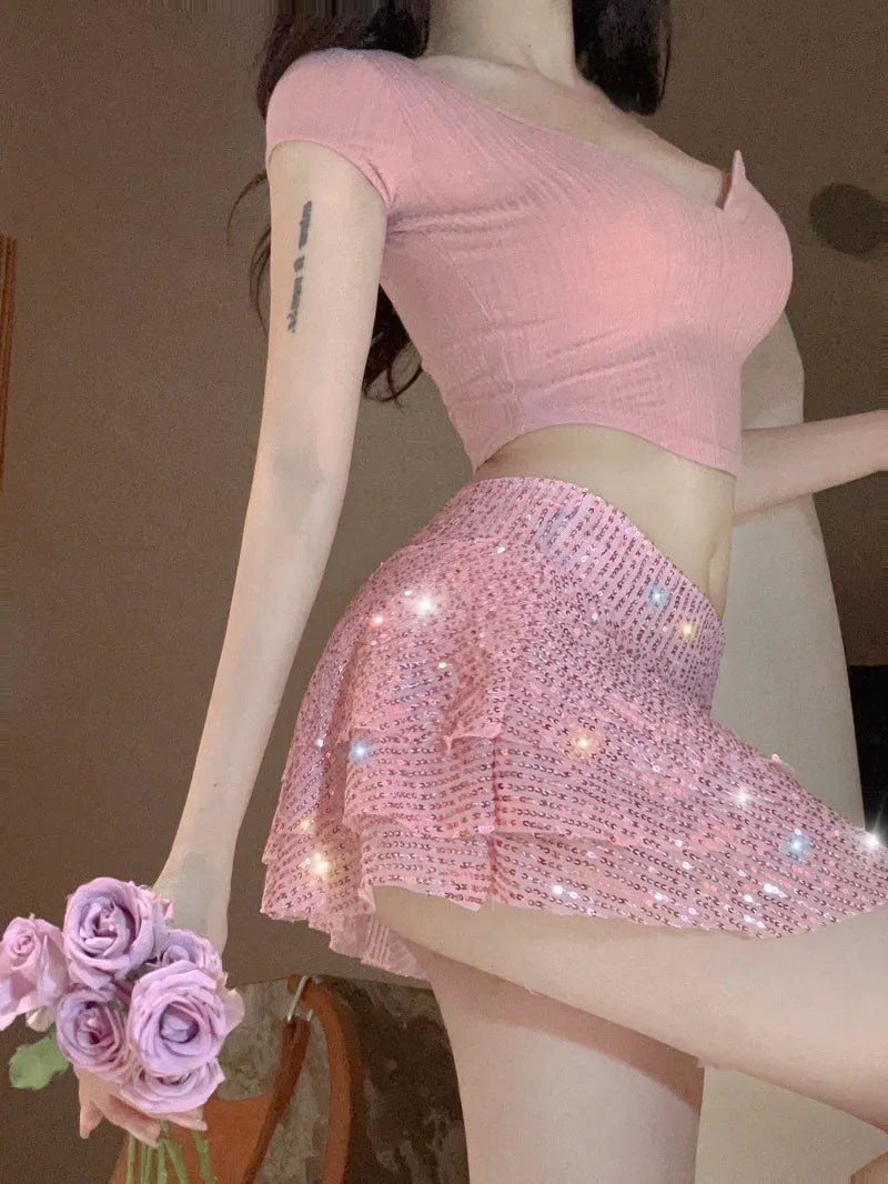 qgtao 2024 Spring Summer Women Pink Sequin Multi Layered Ruffle Edge Ultra Short Skirt Sexy Spicy Girl Mid Rise Mini Skirts Clubwear