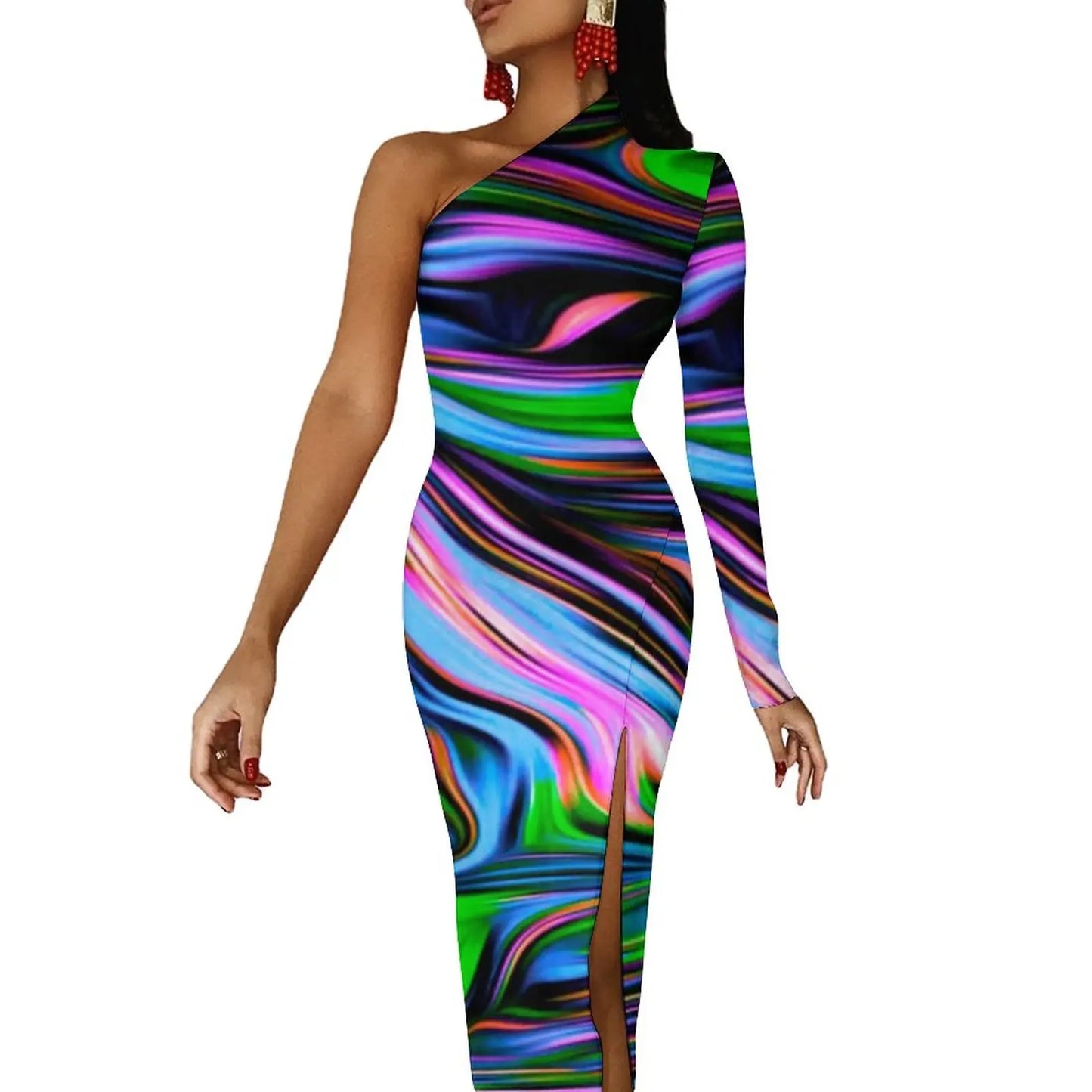 Neon Paint Long Dress Women Graffiti Splatter Print Party Maxi Dress Summer Long Sleeve Sexy Bodycon Dresses Side Split Clothes