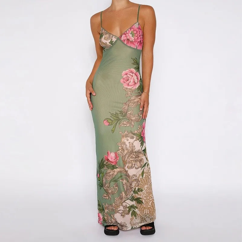 qgtao Sexy Floral Print Suspender Maxi Dress Women Strap V Neck Slim 2024 Boho Vacation Romantic Beach Party Long Dresses