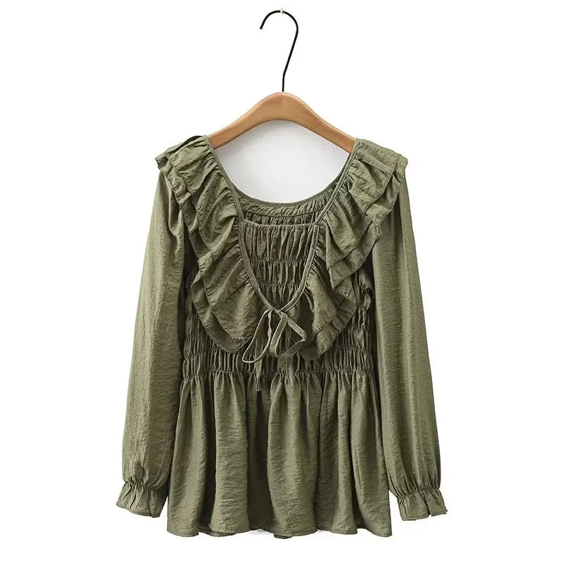 qgtao Plus Size Women's Clothing Autumn Pullover Imitation Silk Satin Shirt Top With High Stretch Pleats And Ruffles On The Chest