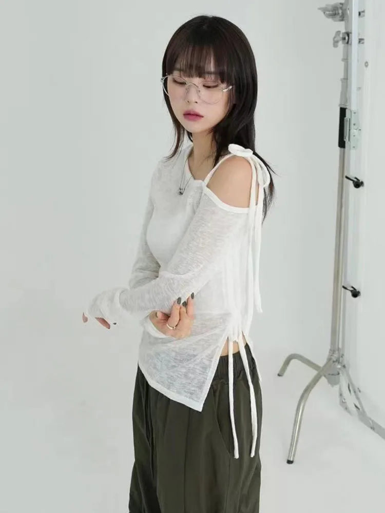 Vintage Y2K Off Shoulders Crop T -shirt Korean Women Long Sleeve Shirring Lace-up Top Blouse Aesthetic Harajuku Gothic Clothes