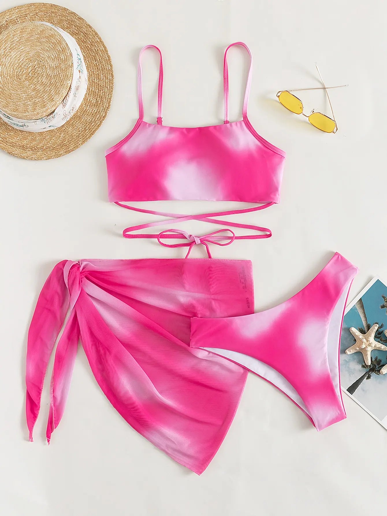 3 Pieces Ombre Lace Up Bikini Swimsuit & Beach Skirt Sexy Swimwear Women 2023 Bathing Swimming Swim Suit Female Summer Beachwear