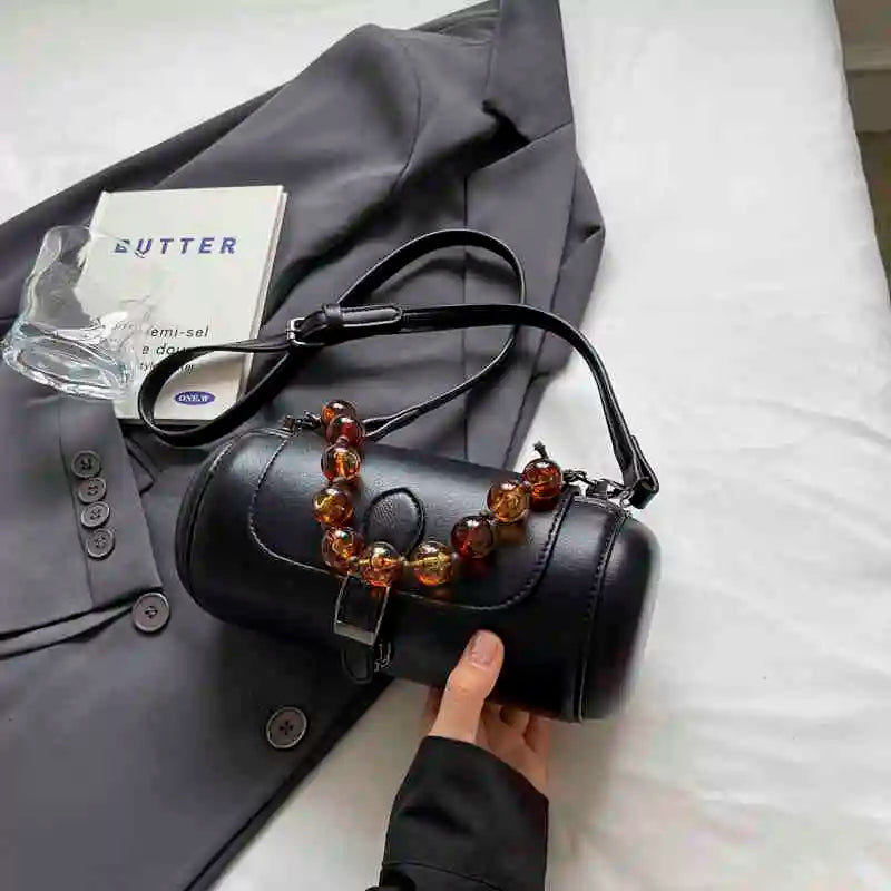 qgtao PU New Cylinder Crossbody Bag For Women Versatile Beading Decor Handheld Spring Autumn Fashion Solid Color Single Shoulder Bag