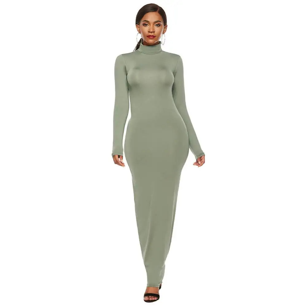 qgtao聽Women Long Dresses Plus Size Party Solid Color Women Long Sleeve Turtleneck Bodycon Dress Maxi Vestidos S-5XL