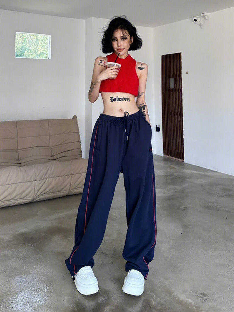 qgtao Vintage Baggy Jogging Striped Sweatpants Women Y2k Harajuku High Street Sport Pants Elastic Waist Straight Casual Trousers