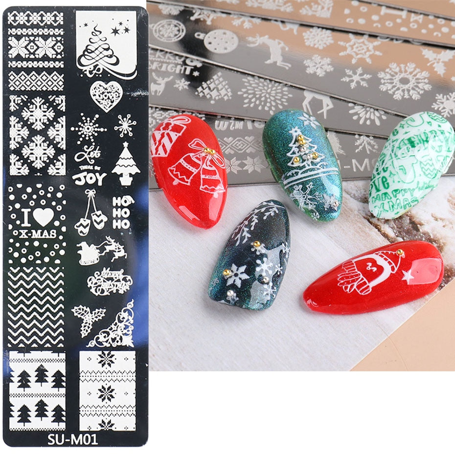 Snowflake Deer Christmas Nail Stamping Plate Transfer Template Stencil Gel Polish Santa Claus Halloween Winter Decor SASUM01-M06