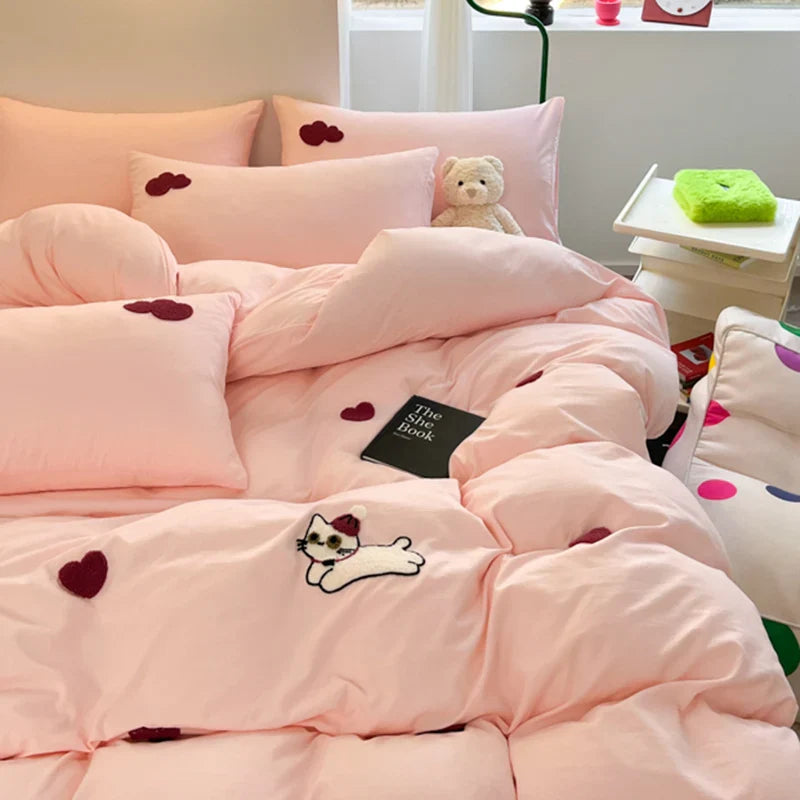 Yeknu Super Soft Towel Embroidery Bedding Set Duvet Cover Queen Full Twin Size Bed Flat Sheet Kids Girls Quilt Cover Pillowcase Kawaii