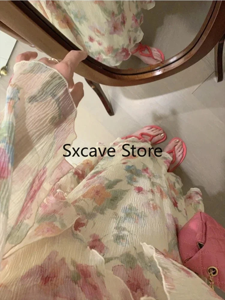 qgtao French Sweet Floral Midi Dress Women 2024 Summer Design Elegant Vintage Dress Office Lady Even Party Chiffon Dress Korea Fashion