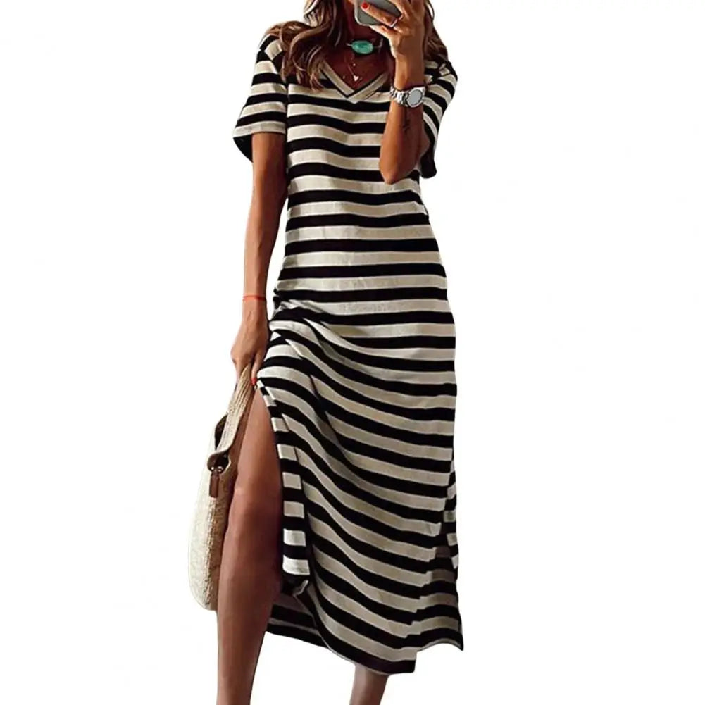 qgtao Summer Dresses 2024 Woman Plus Size Dresses For Women Casual Stripe Print V-neck Short Sleeve Loose Long Dress Robe Femme