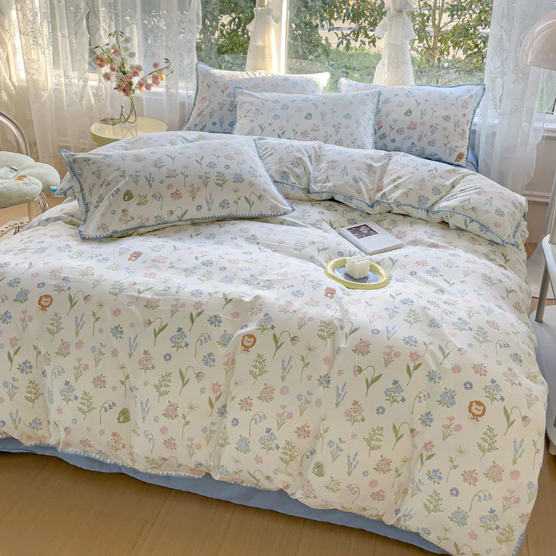 Yeknu Pastoral Girls Flower Bedding Sets, Washed Cotton Bed Linens, Soft Quilt Cover Sheet Set, Simple Bedspread, Home Textiles