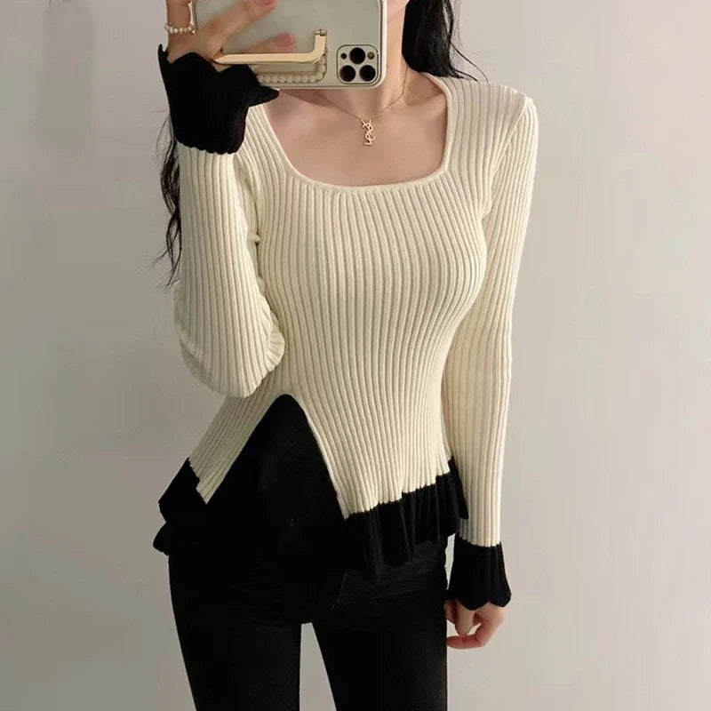 Tossy Ruffled Patchwork Vintage Pullover Sweater For Women Ribbed Contrast Elegant Long Sleeve Loose Knit Female Pullover 2024