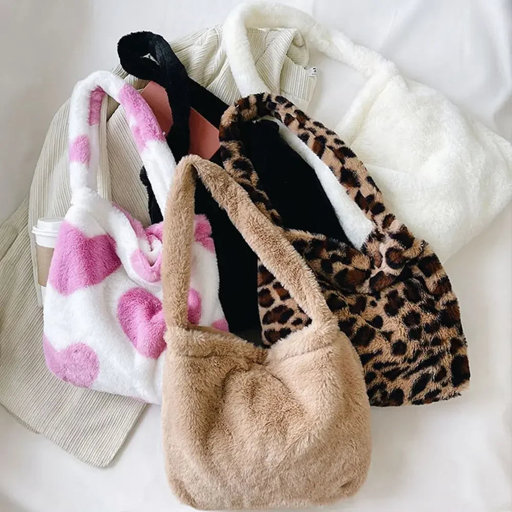 qgtao Women Fluffy Shoulder Bag Top-handle Bag Female Autumn Winter Handbag Plush Tote Girls Fashion Shopping Bags Handbags for Women