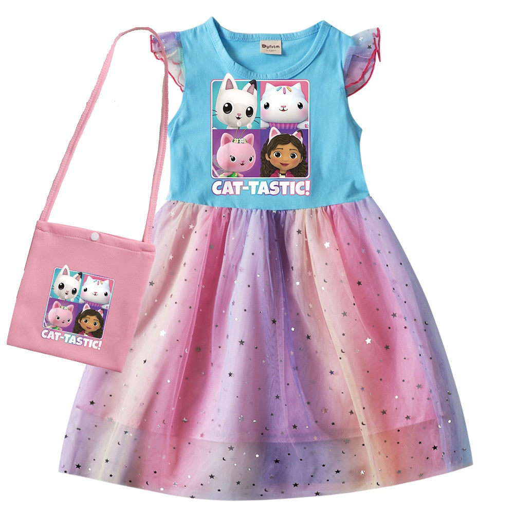 Gabbys Dollhouse Clothes Baby Girls Sleeveless Dresses with Small Bag Kids Cartoon Cats-tastic Wedding Party Princess Vestidos