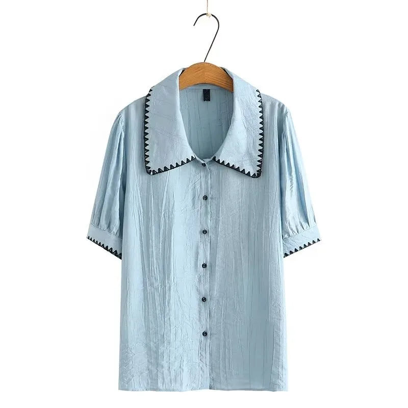 qgtao Plus Size Women's Clothing Short Sleeve T-Shirt Lapel Zigzag Shape Stitches Cotton Inelastic Thin Cardigan Large Size Top Summer