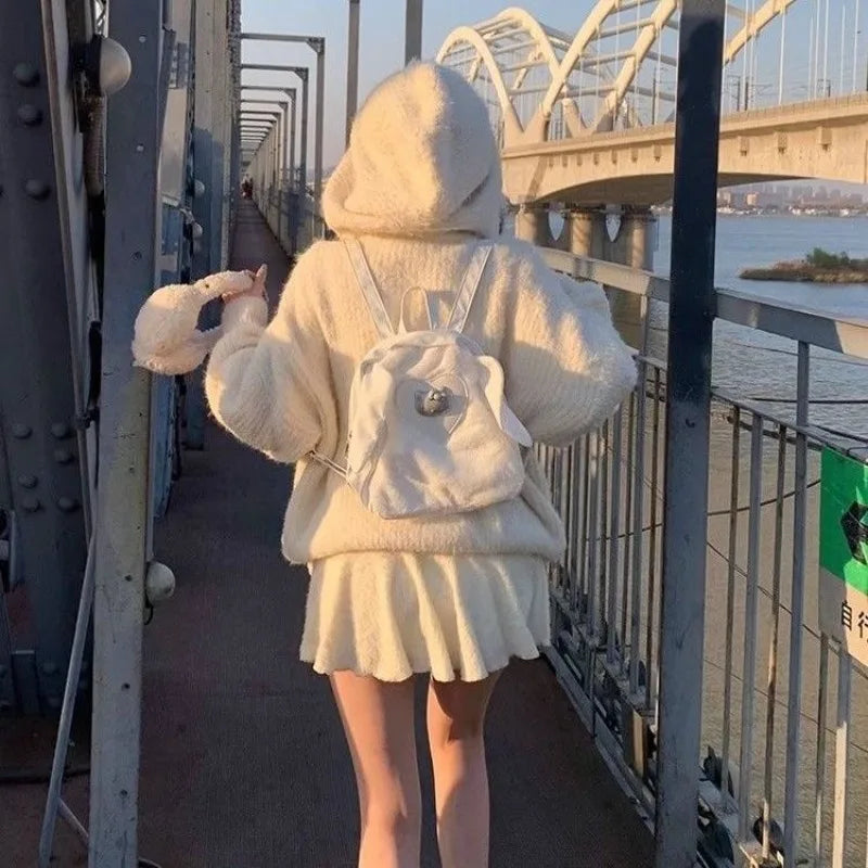 qgtao Coquette White Mini Skirt Women Kawaii Ruffle Patchwork Lace-up Knitted High Waist A-line Fleece Short Skirt Cute Spring